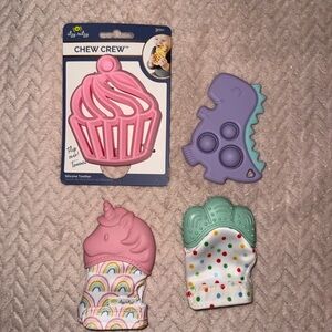 Pink Cupcake and Dinosaur Teethers, 2 Baby Mittens Teethers
